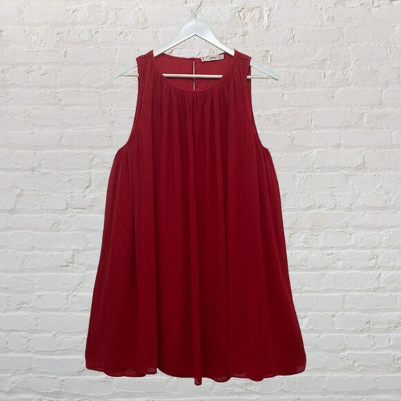 Mango Red Pleated Georgette Swing A Line Babydoll Dress Size 6 Flowy - Picture 2 of 10